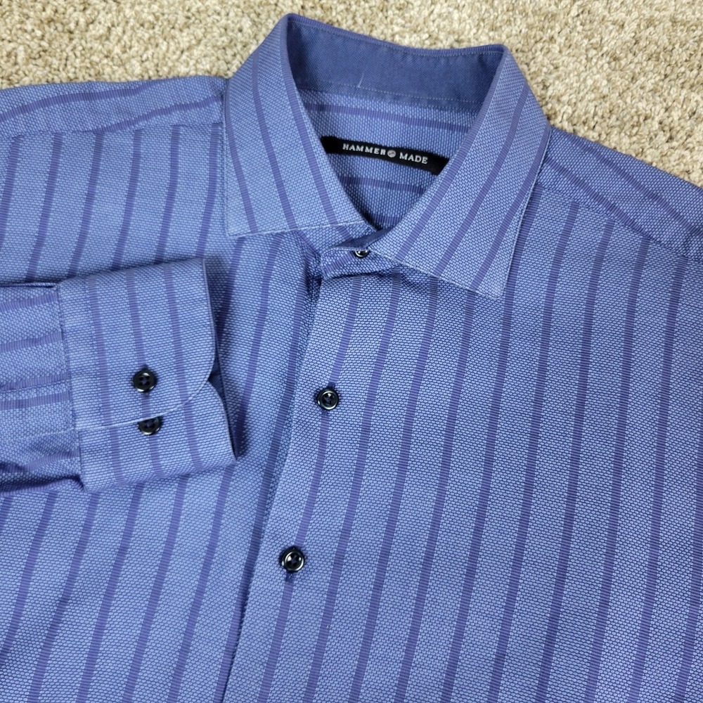 Hammer Made Mens 41/16 Blue Striped Geometric Button Up Long Sleeve Italy Made